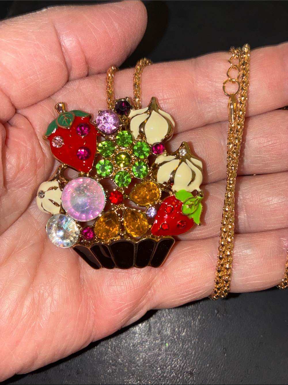 Colorful Fruit & Gem Pendant Necklace/Brooch- Gold Tone